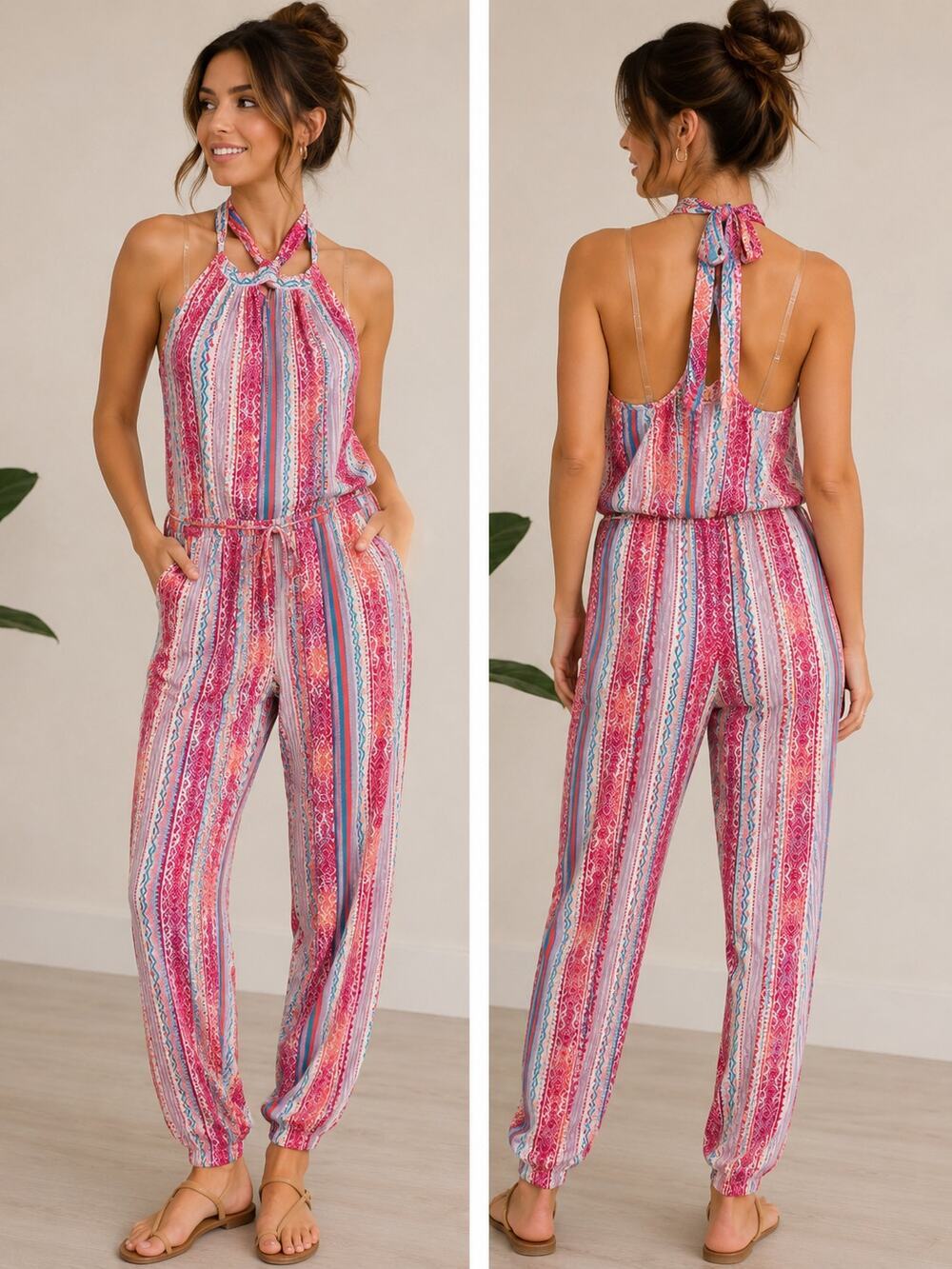 Savanna Jane Halter Jumpsuit Boho Print Tie Waist Tapered Leg Small